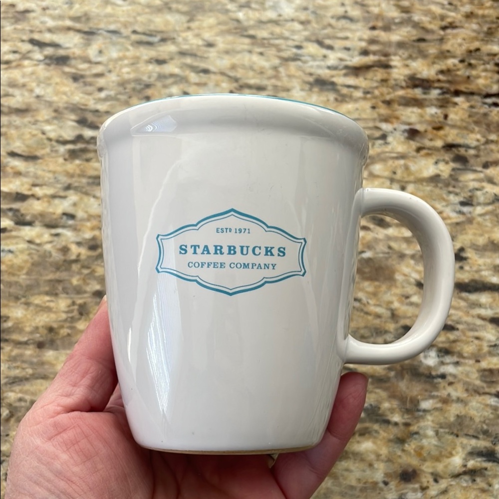 🌎2006 Starbucks Abbey Badge Logo Est. 1971 White Coffee Mug Teal Interior 13oz